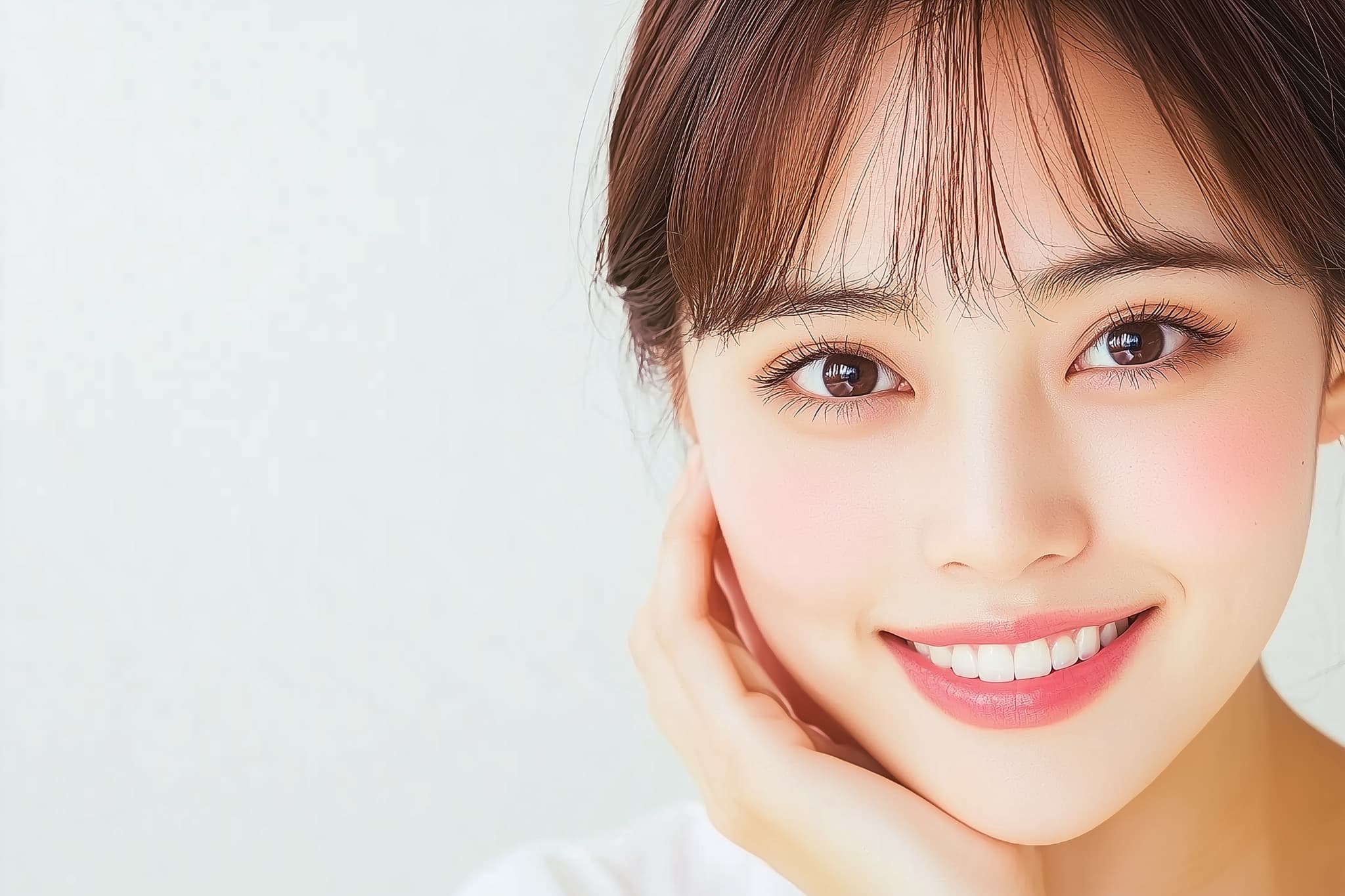 審美歯科で前歯を綺麗にした笑顔の女性