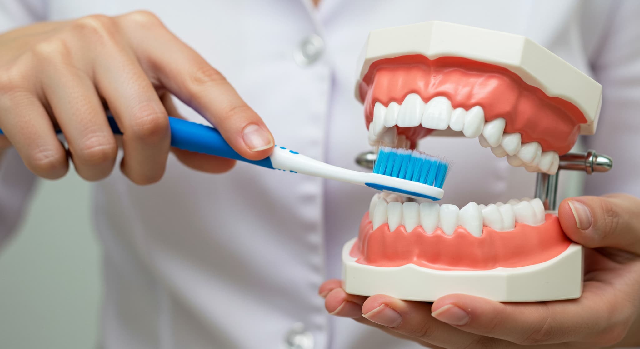 歯磨きの仕方を教える歯科衛生士の手元