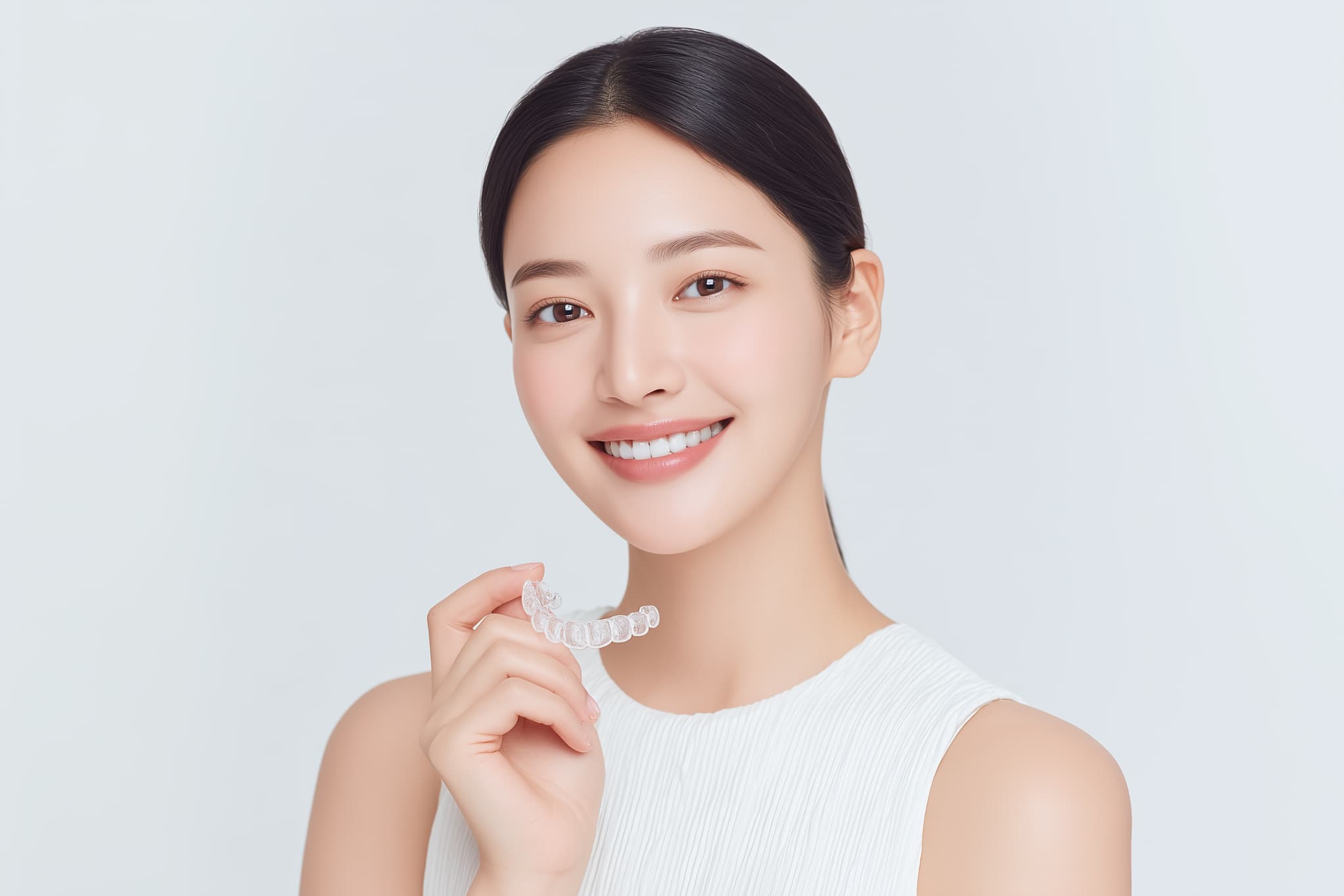 マウスピースを持ち微笑む女性