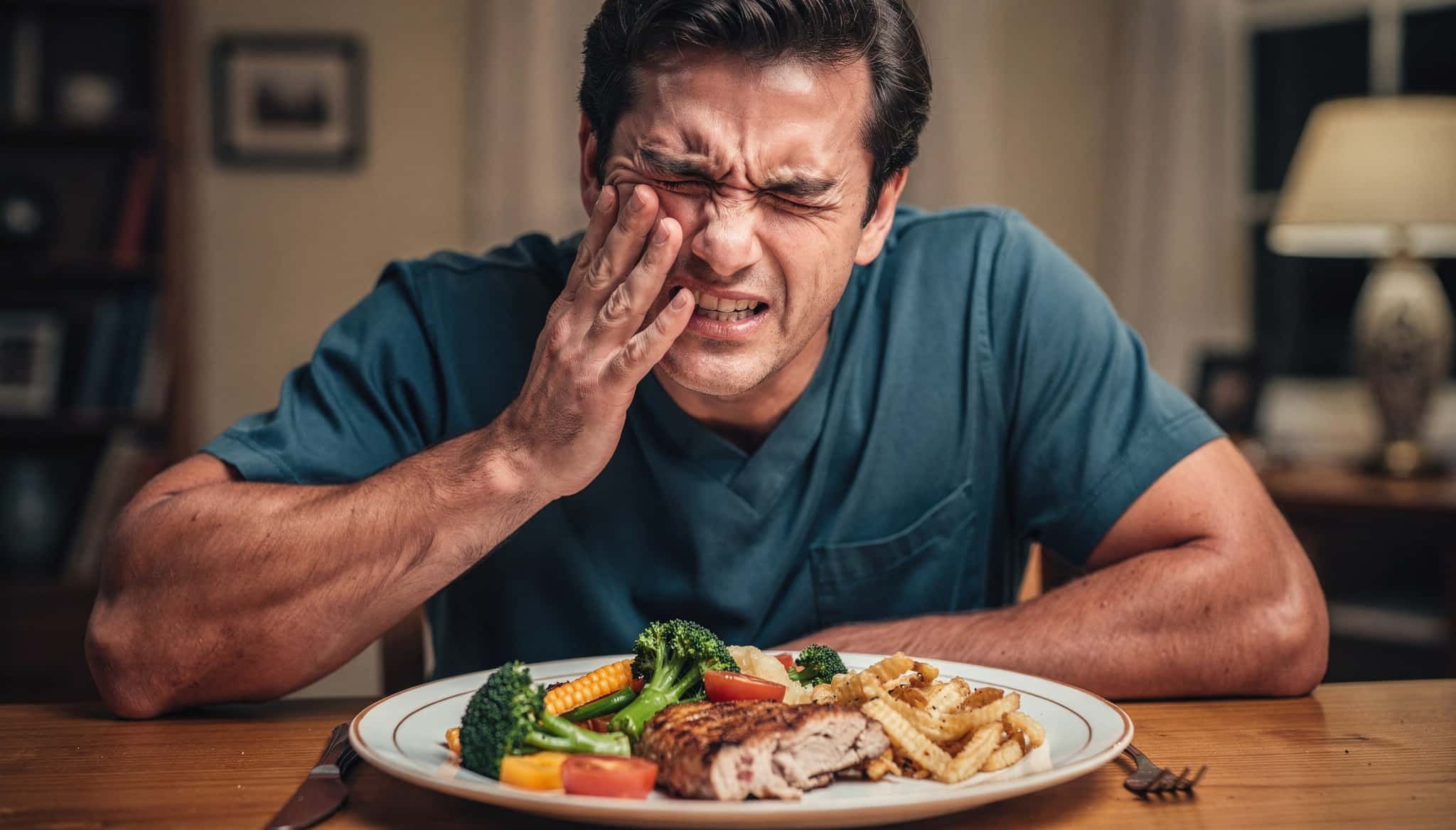 食事中に痛む顎をおさえる男性