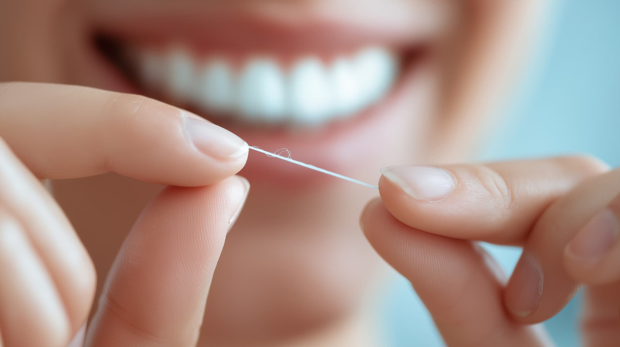 毎日のケアにデンタルフロスを取り入れる様子